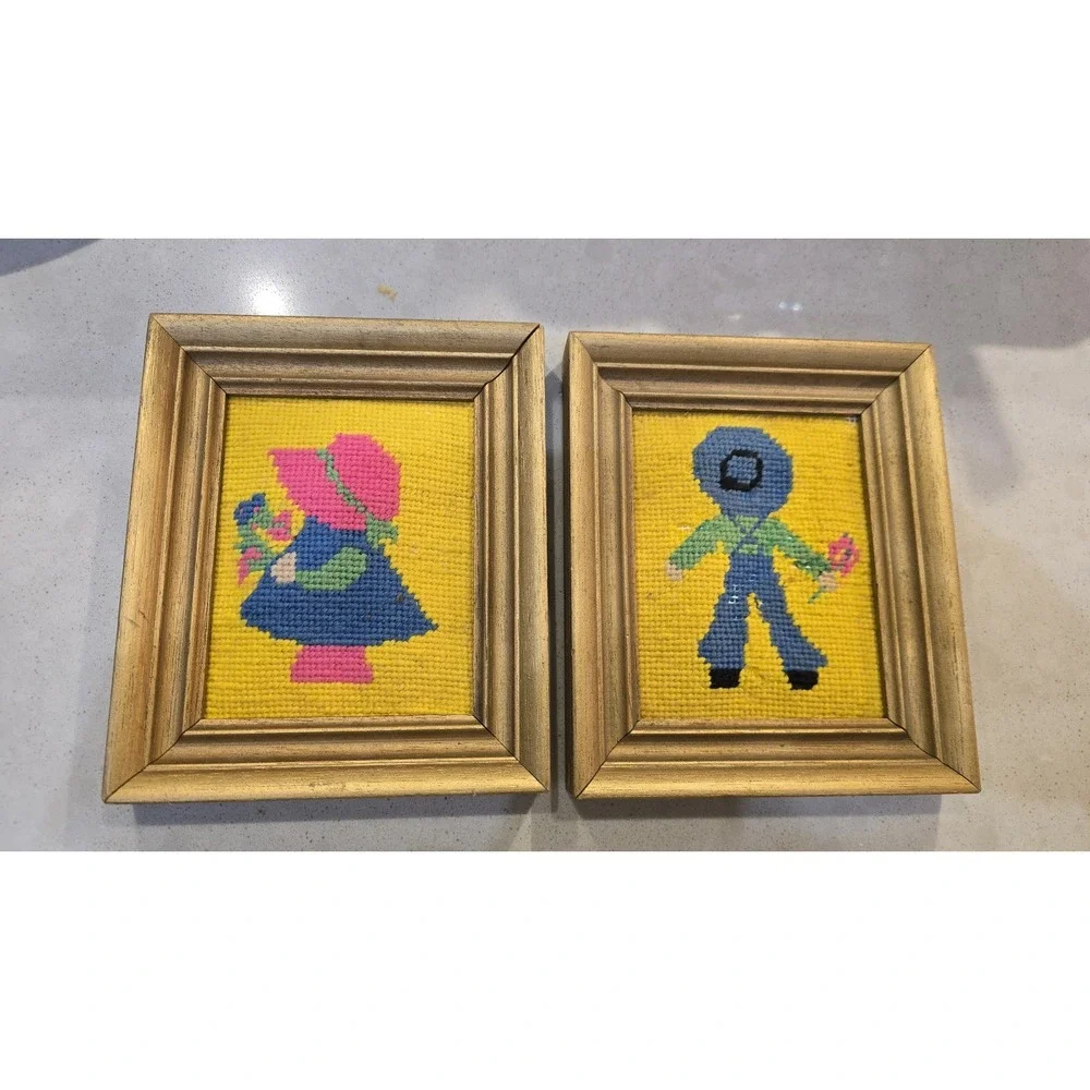 VTG 1974 Needlepoint Boy & Girl Room Framed Art Set Cottagecore‎ Nursery Decor